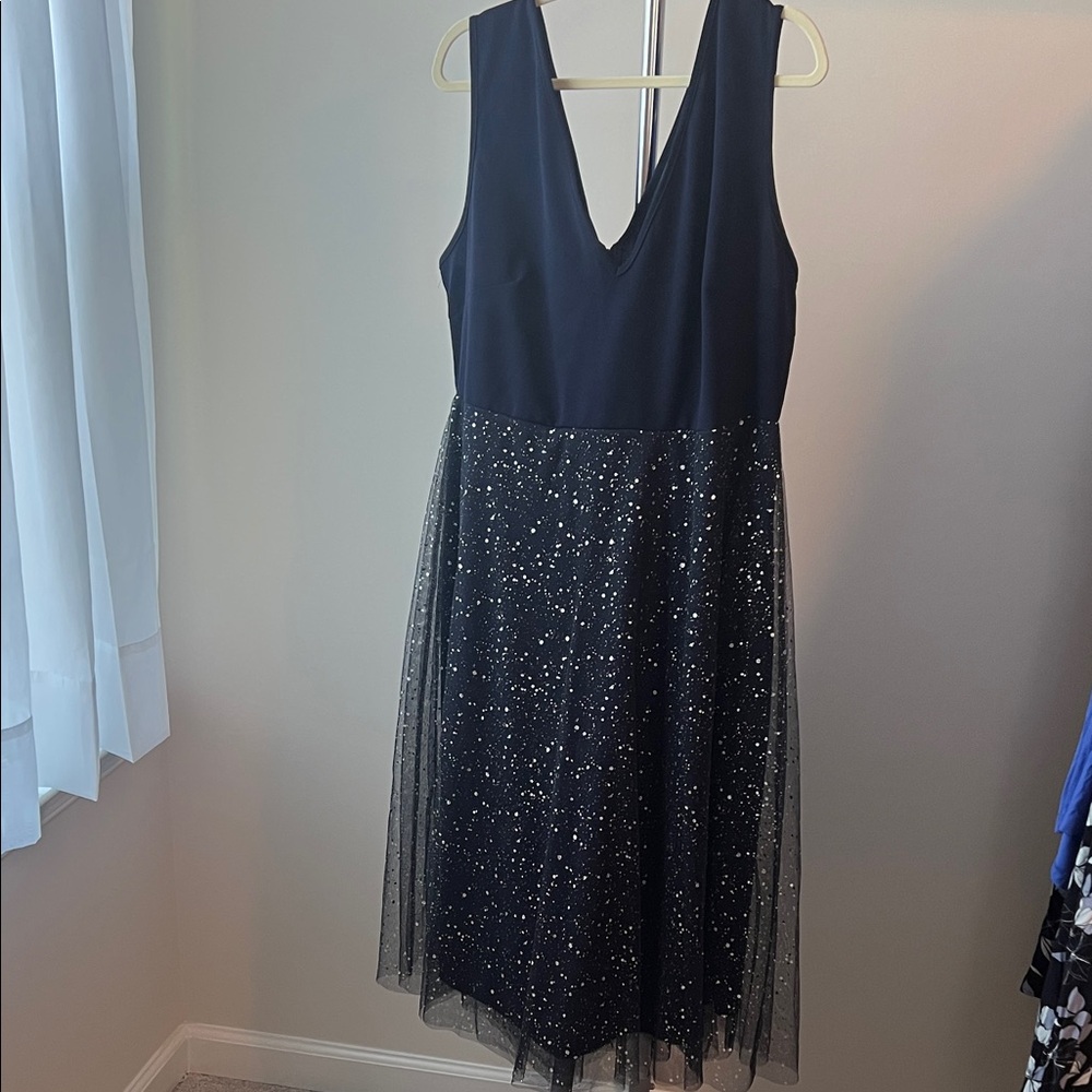 Elegant Navy Sleeveless Dress with Glitter Overlay